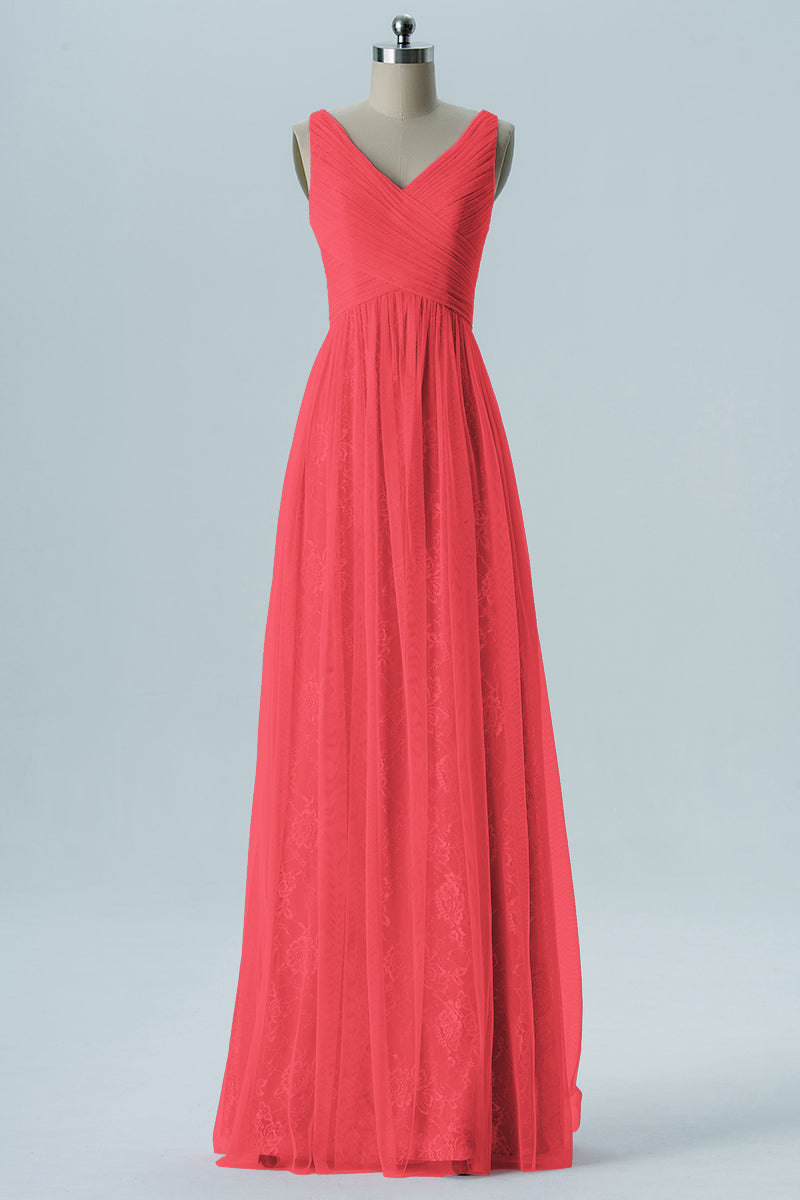 Lace Column V-Neck Sleeveless Bridesmaid Dress-B08306