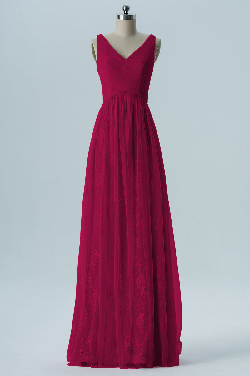 Lace Column V-Neck Sleeveless Bridesmaid Dress-B08306