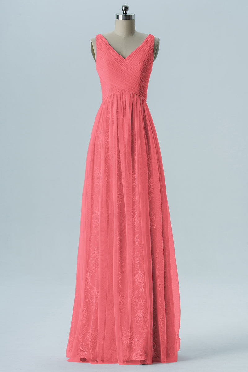 Lace Column V-Neck Sleeveless Bridesmaid Dress-B08306