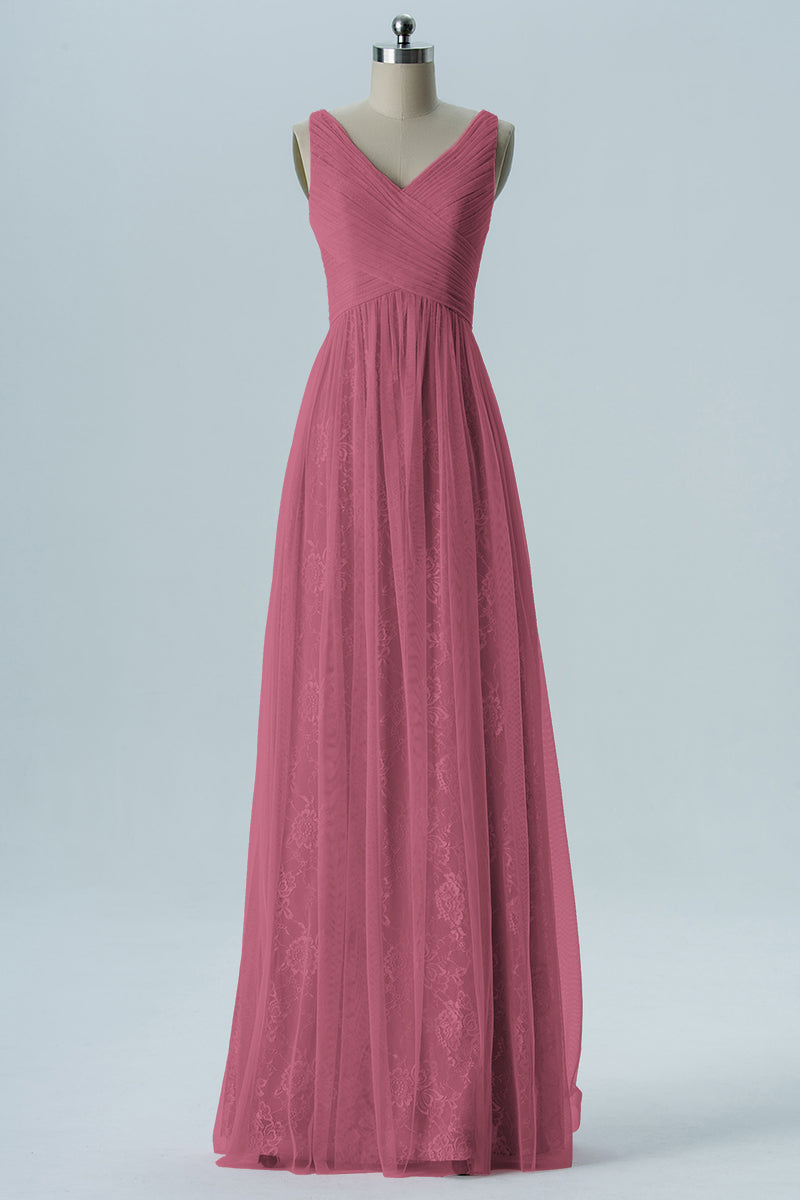 Lace Column V-Neck Sleeveless Bridesmaid Dress-B08306