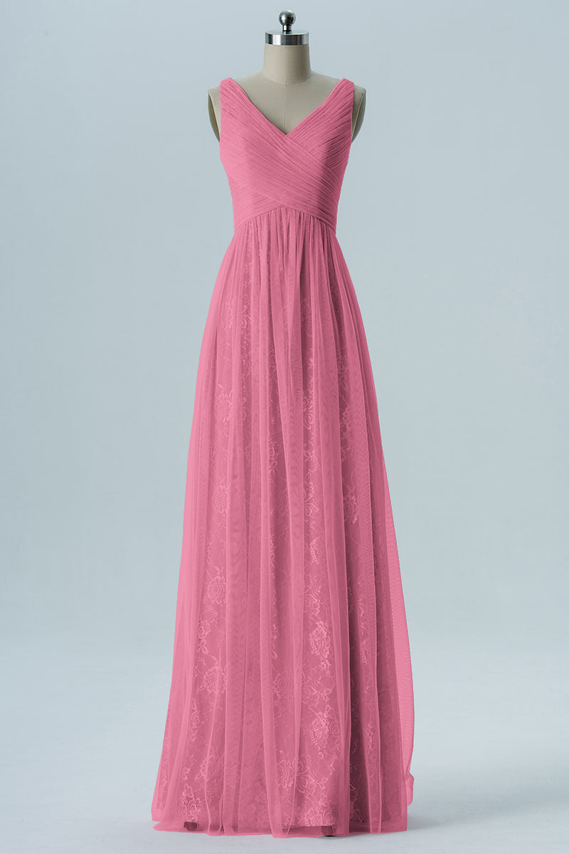 Lace Column V-Neck Sleeveless Bridesmaid Dress-B08306