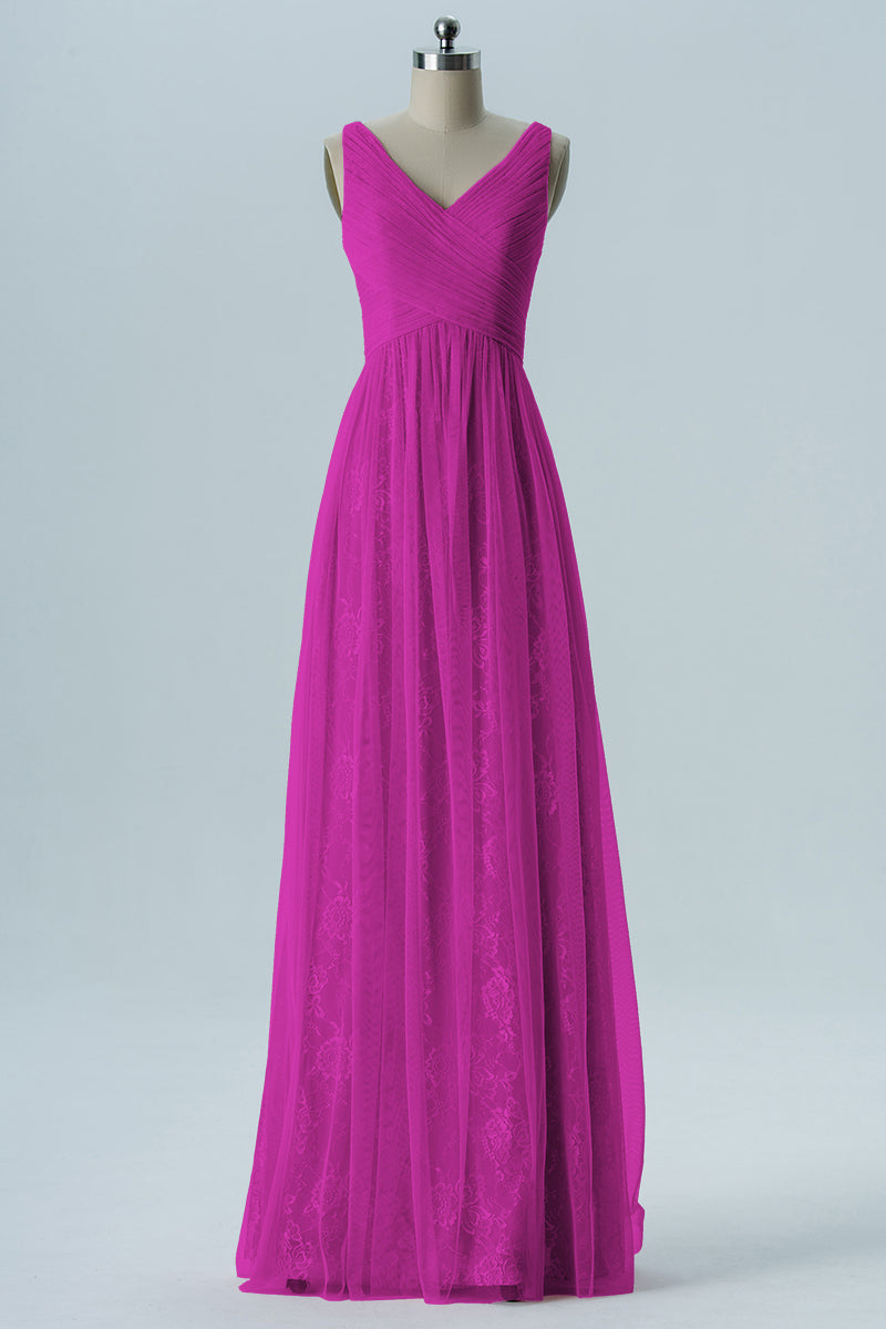 Lace Column V-Neck Sleeveless Bridesmaid Dress-B08306