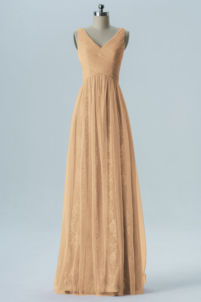Lace Column V-Neck Sleeveless Bridesmaid Dress-B08306