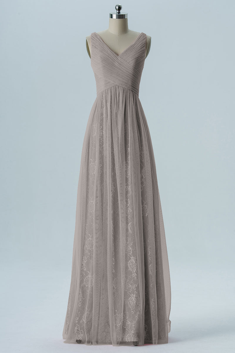 Lace Column V-Neck Sleeveless Bridesmaid Dress-B08306