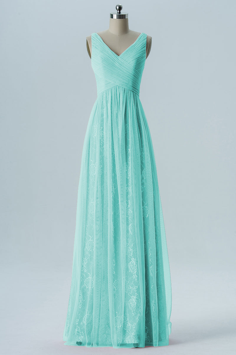 Lace Column V-Neck Sleeveless Bridesmaid Dress-B08306