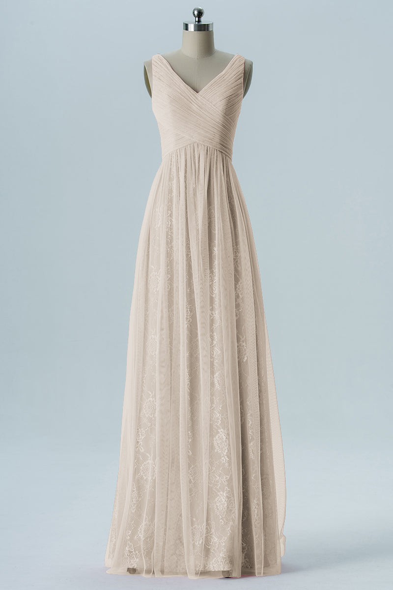 Lace Column V-Neck Sleeveless Bridesmaid Dress-B08306