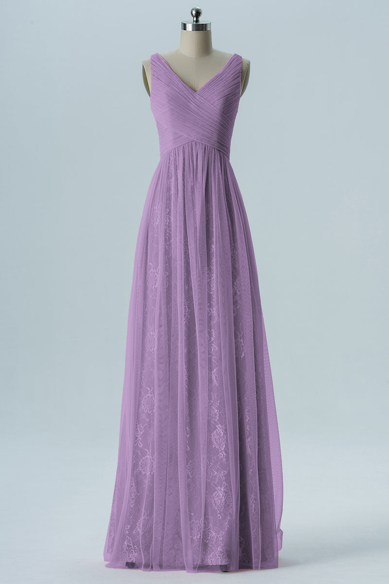 Lace Column V-Neck Sleeveless Bridesmaid Dress-B08306