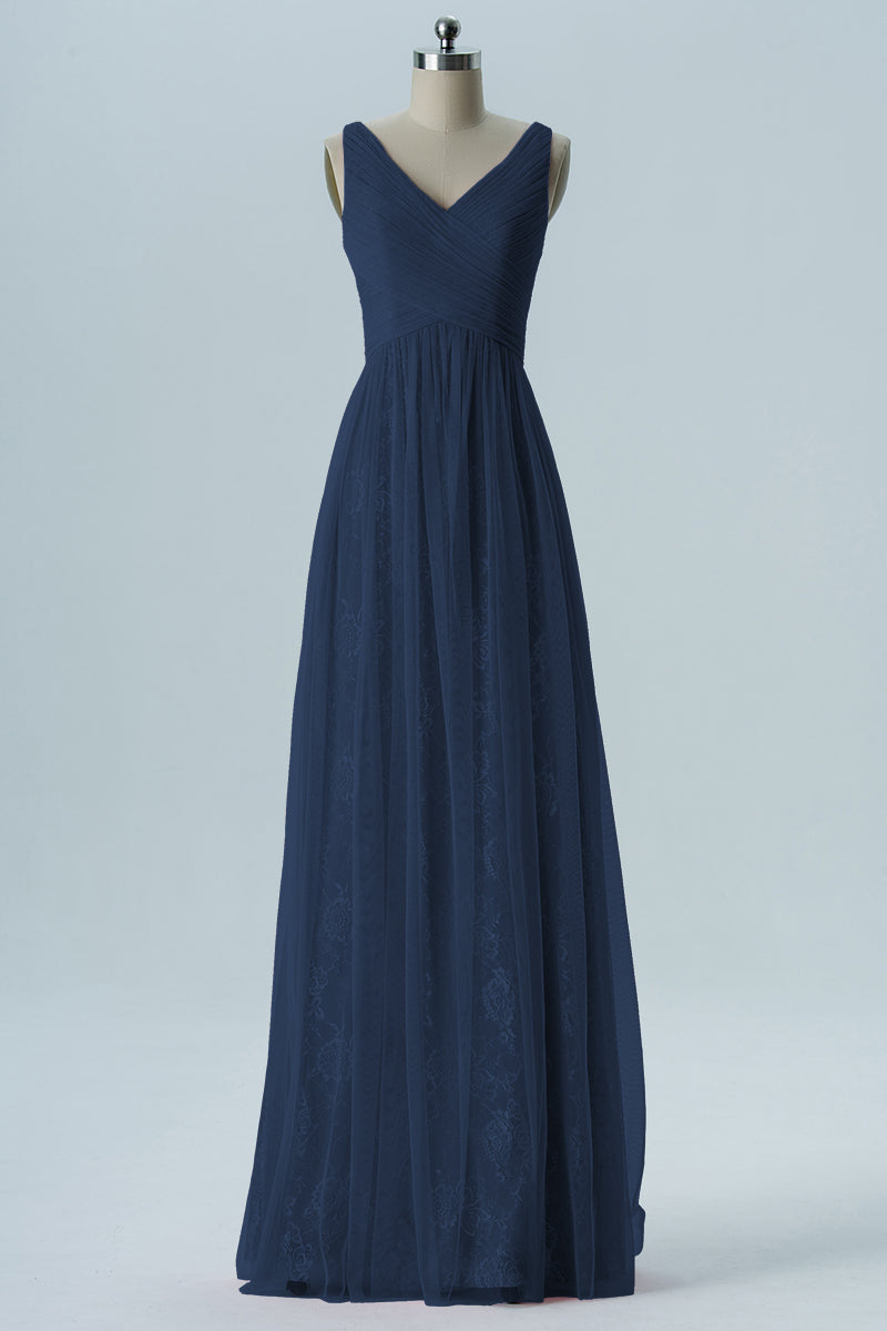 Lace Column V-Neck Sleeveless Bridesmaid Dress-B08306