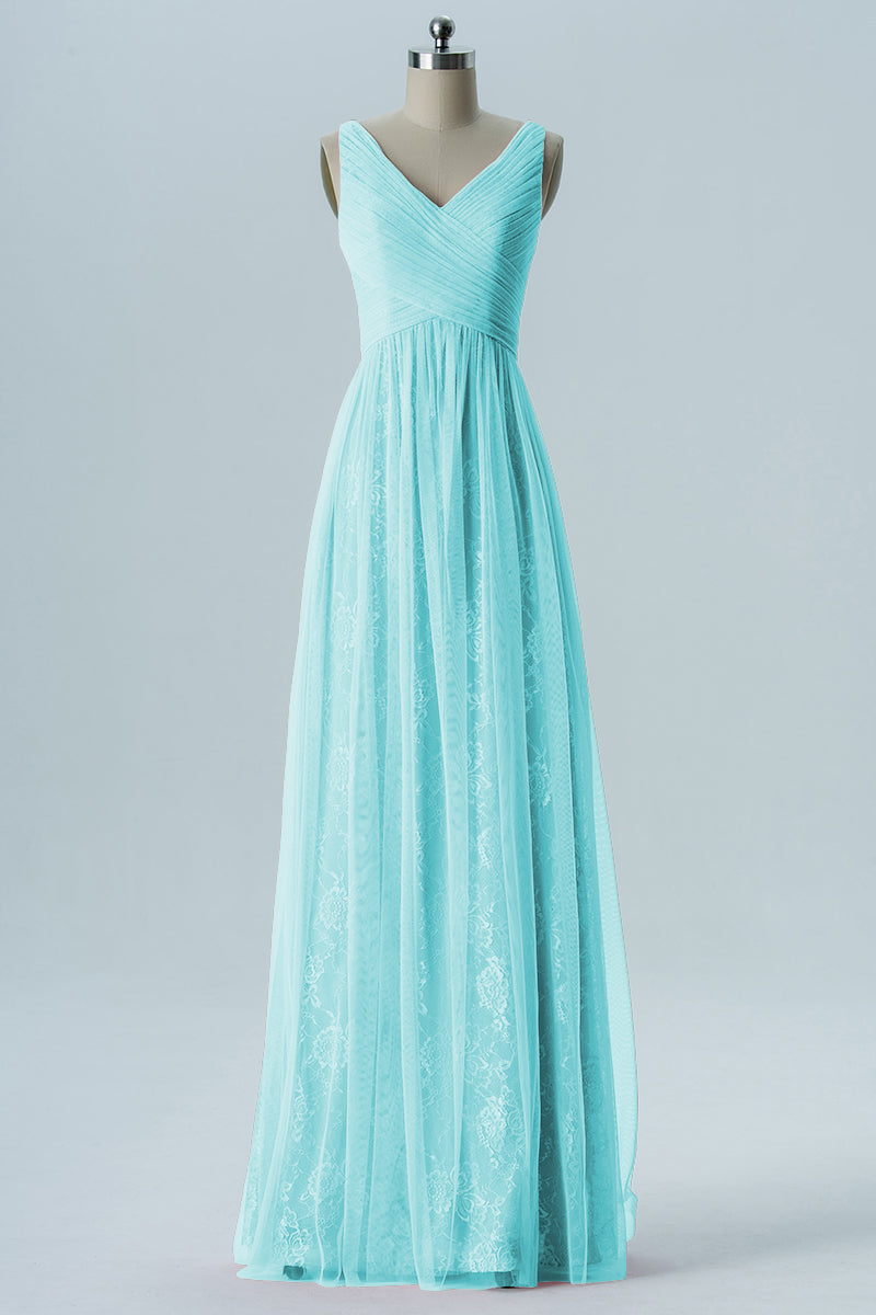 Lace Column V-Neck Sleeveless Bridesmaid Dress-B08306
