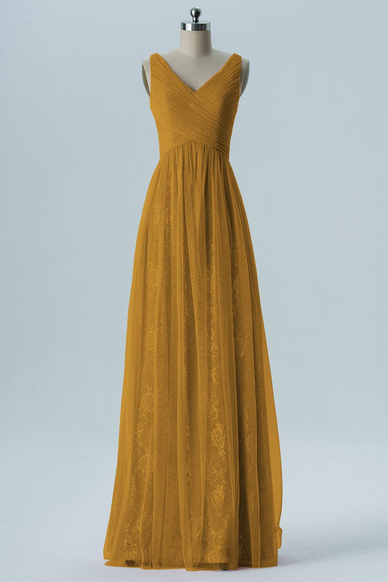 Lace Column V-Neck Sleeveless Bridesmaid Dress-B08306