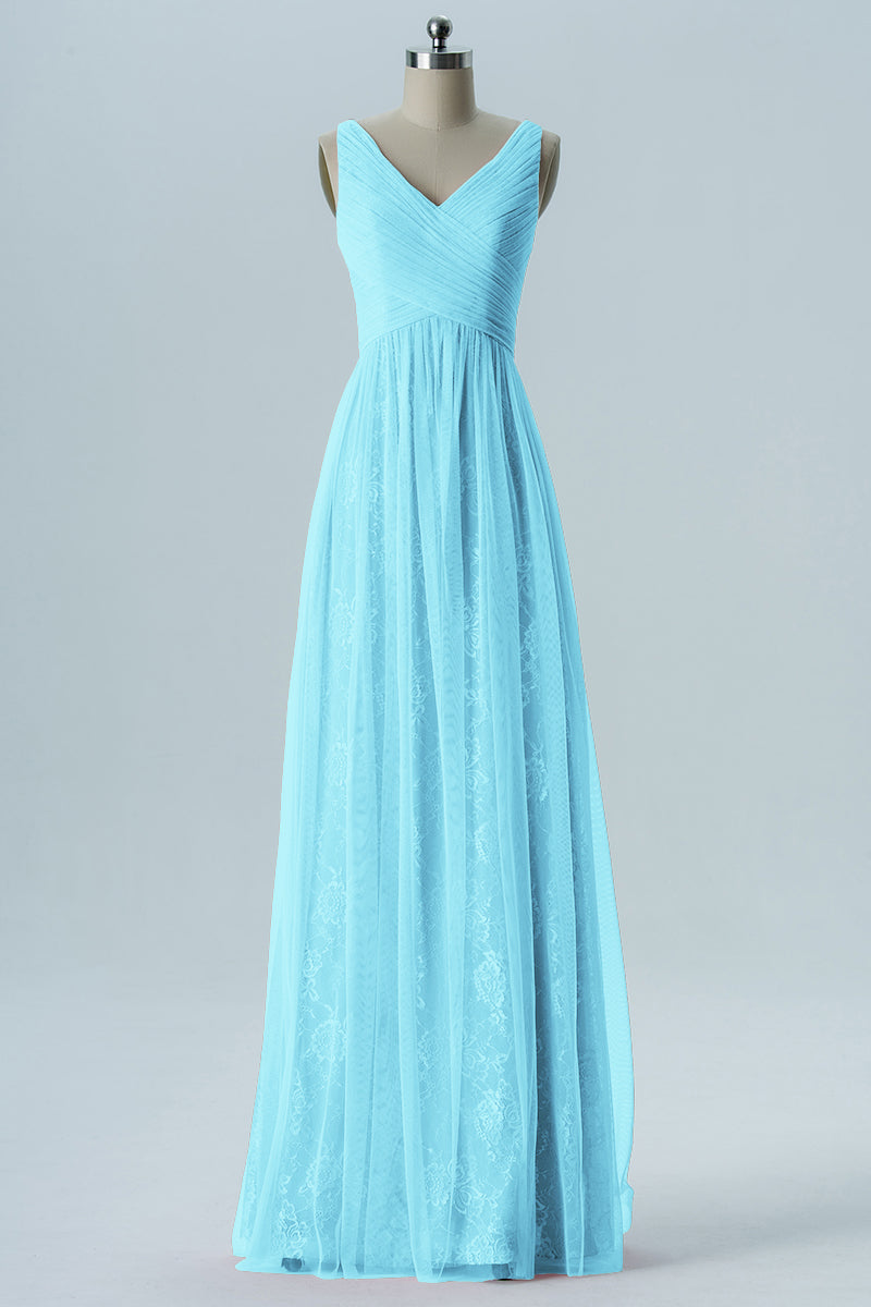 Lace Column V-Neck Sleeveless Bridesmaid Dress-B08306