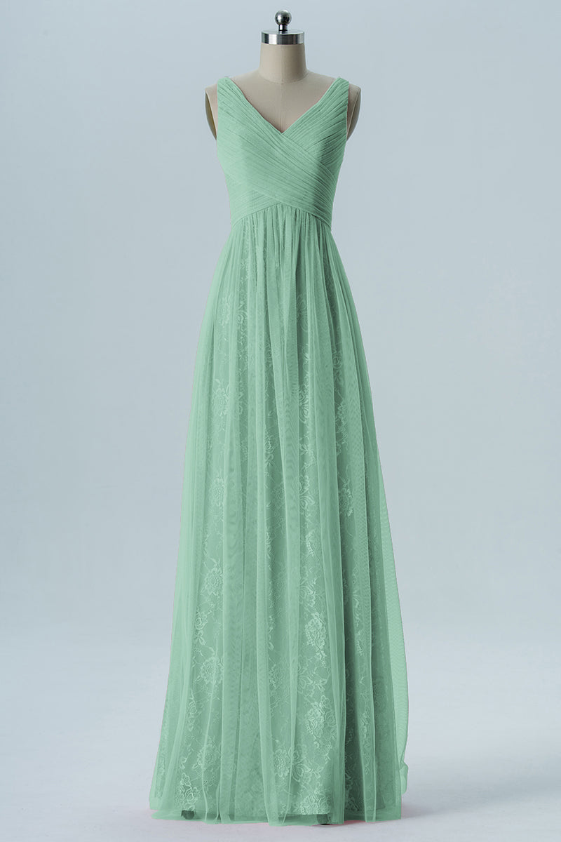 Lace Column V-Neck Sleeveless Bridesmaid Dress-B08306