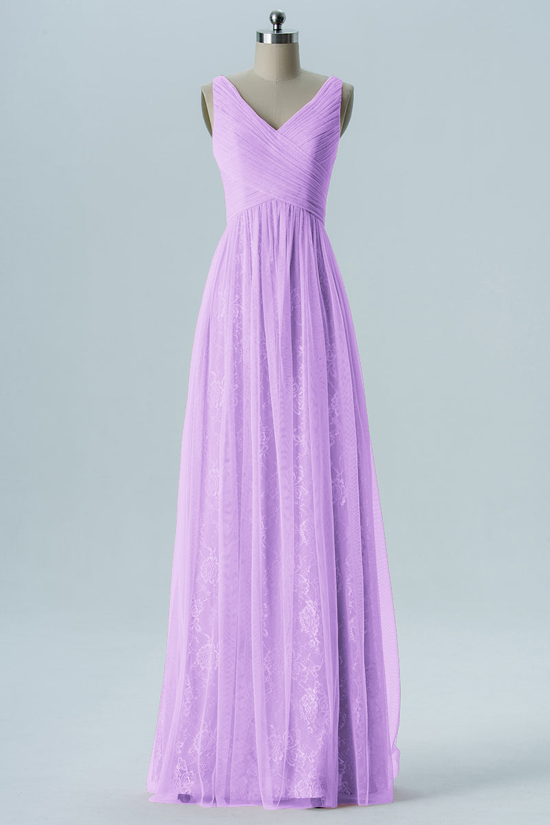 Lace Column V-Neck Sleeveless Bridesmaid Dress-B08306