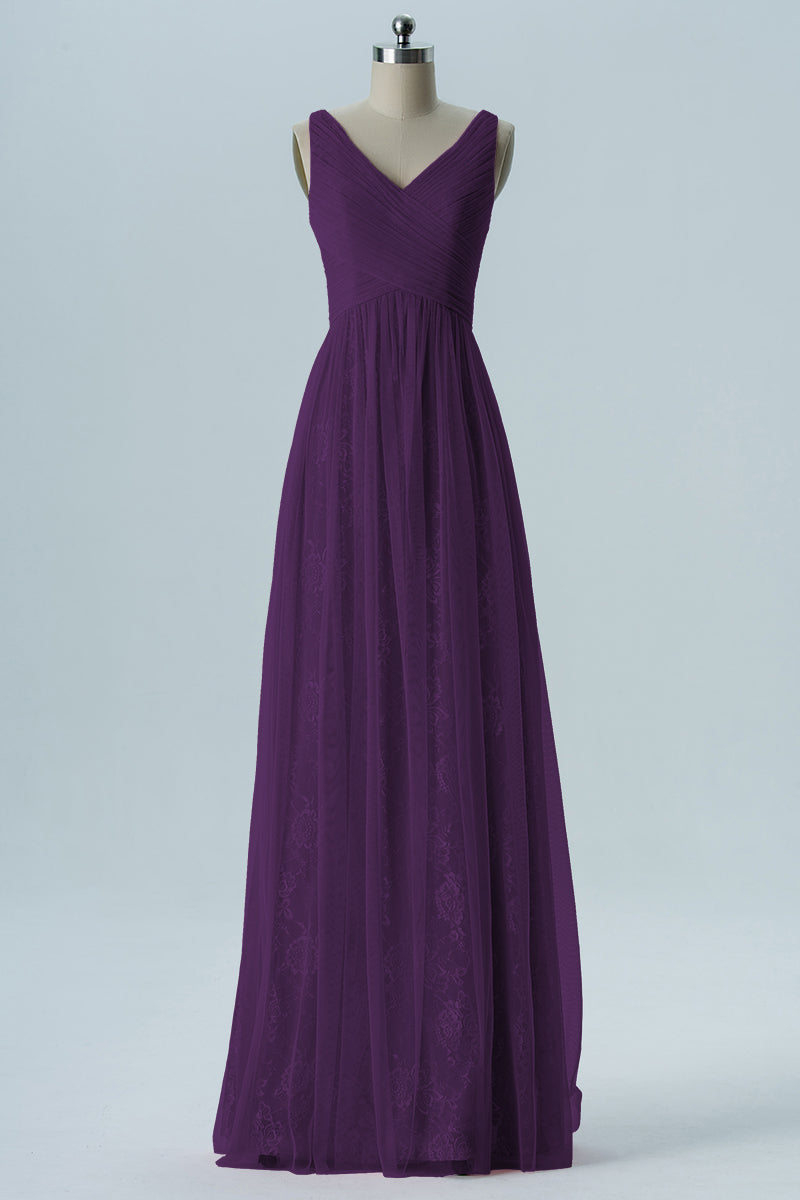 Lace Column V-Neck Sleeveless Bridesmaid Dress-B08306