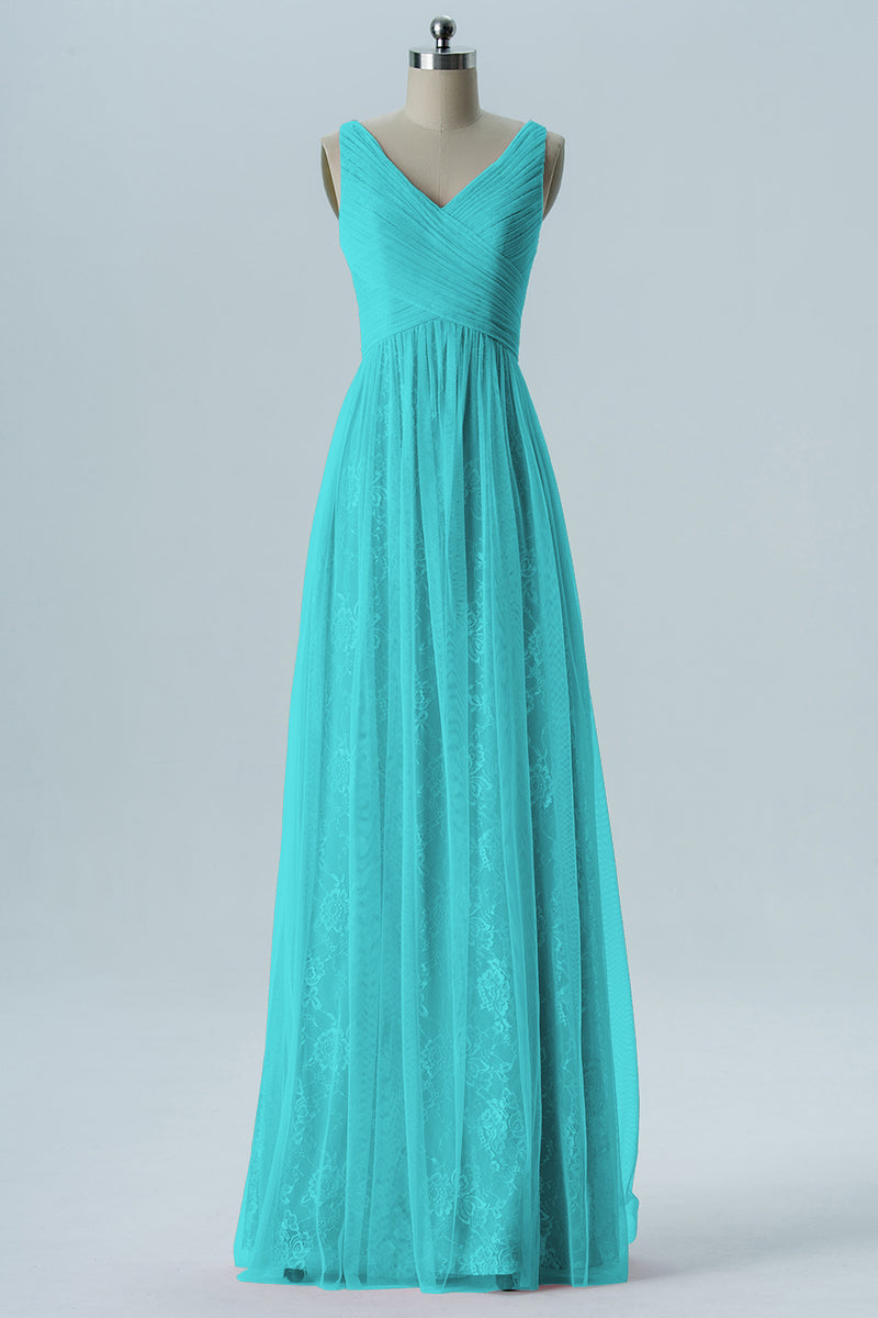 Lace Column V-Neck Sleeveless Bridesmaid Dress-B08306