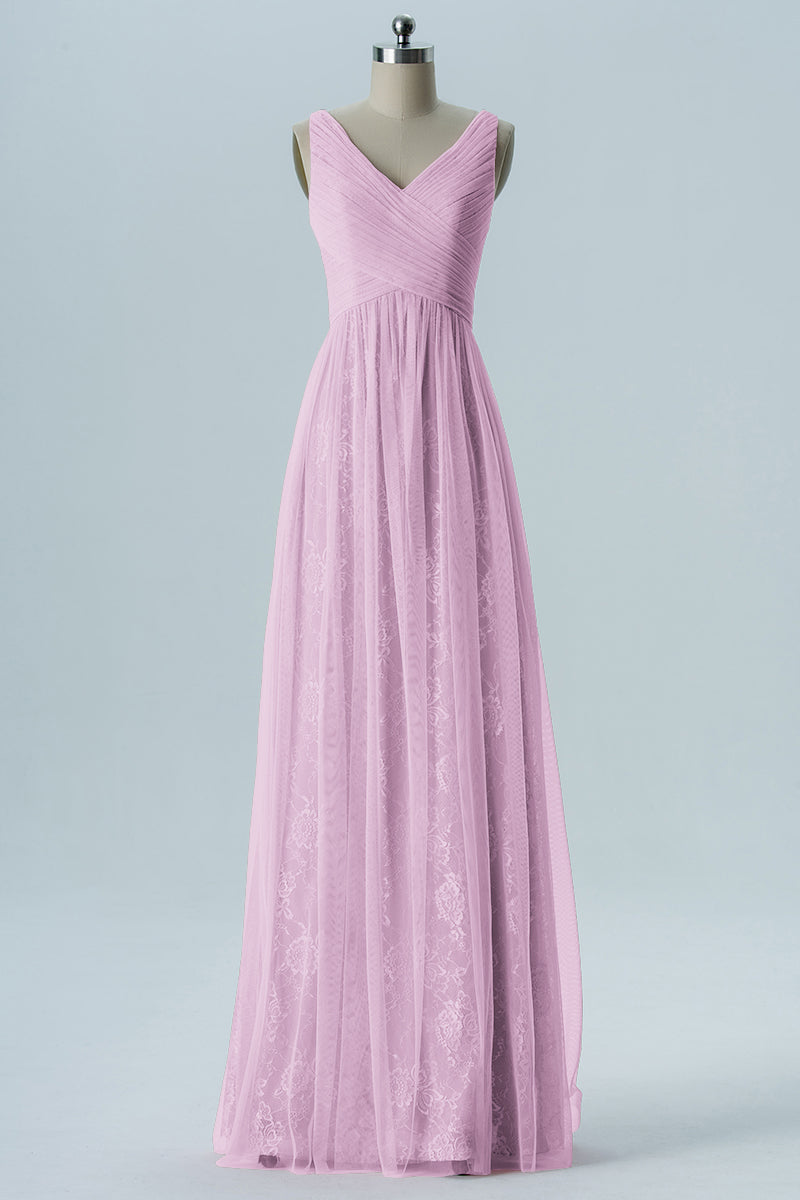Lace Column V-Neck Sleeveless Bridesmaid Dress-B08306
