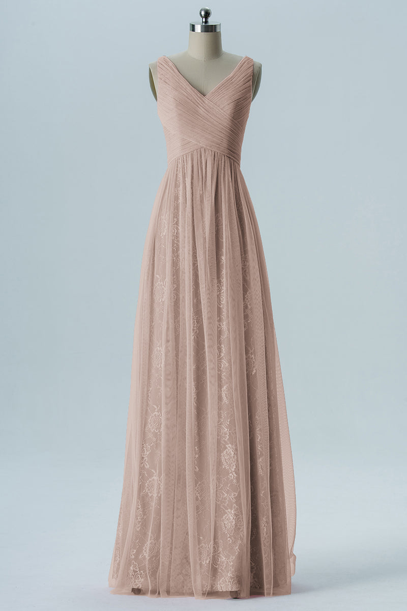 Lace Column V-Neck Sleeveless Bridesmaid Dress-B08306