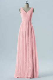 Lace Column V-Neck Sleeveless Bridesmaid Dress-B08306