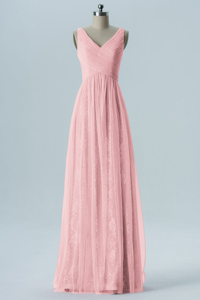 Lace Column V-Neck Sleeveless Bridesmaid Dress-B08306