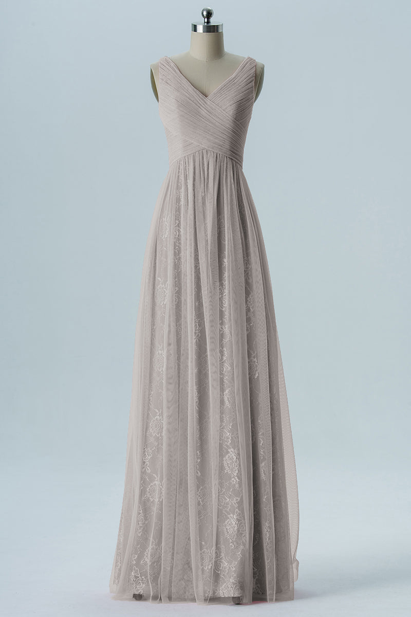 Lace Column V-Neck Sleeveless Bridesmaid Dress-B08306