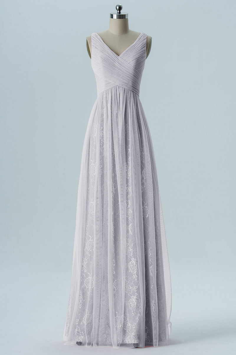 Lace Column V-Neck Sleeveless Bridesmaid Dress-B08306