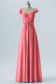 Chiffon Column Sweetheart Cap Sleeves Bridesmaid Dress-B08330