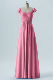 Chiffon Column Sweetheart Cap Sleeves Bridesmaid Dress-B08330