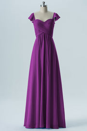 Chiffon Column Sweetheart Cap Sleeves Bridesmaid Dress-B08330