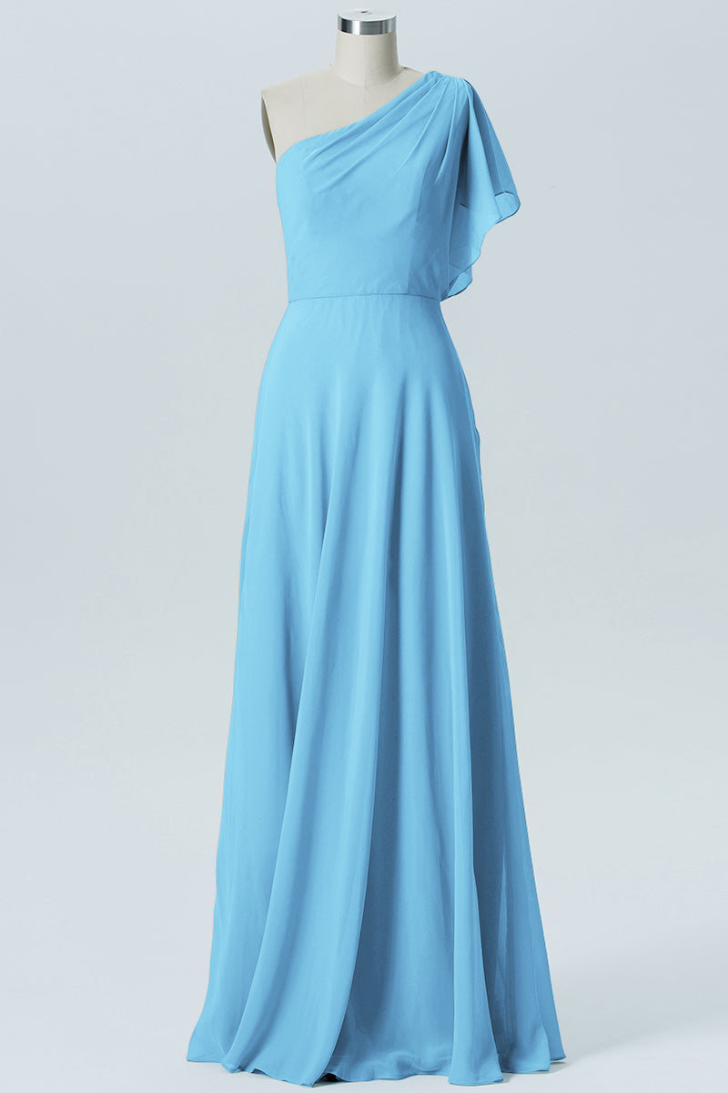 Chiffon Column One Shoulder Sleeveless Bridesmaid Dress-B13602