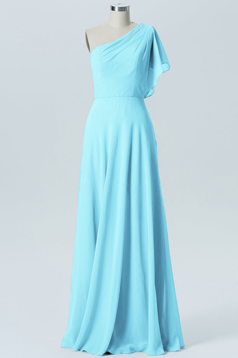 Chiffon Column One Shoulder Sleeveless Bridesmaid Dress-B13602