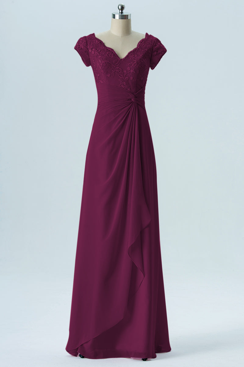 Lace Column Scalloped Edge Short Sleeves Bridesmaid Dress-B13617