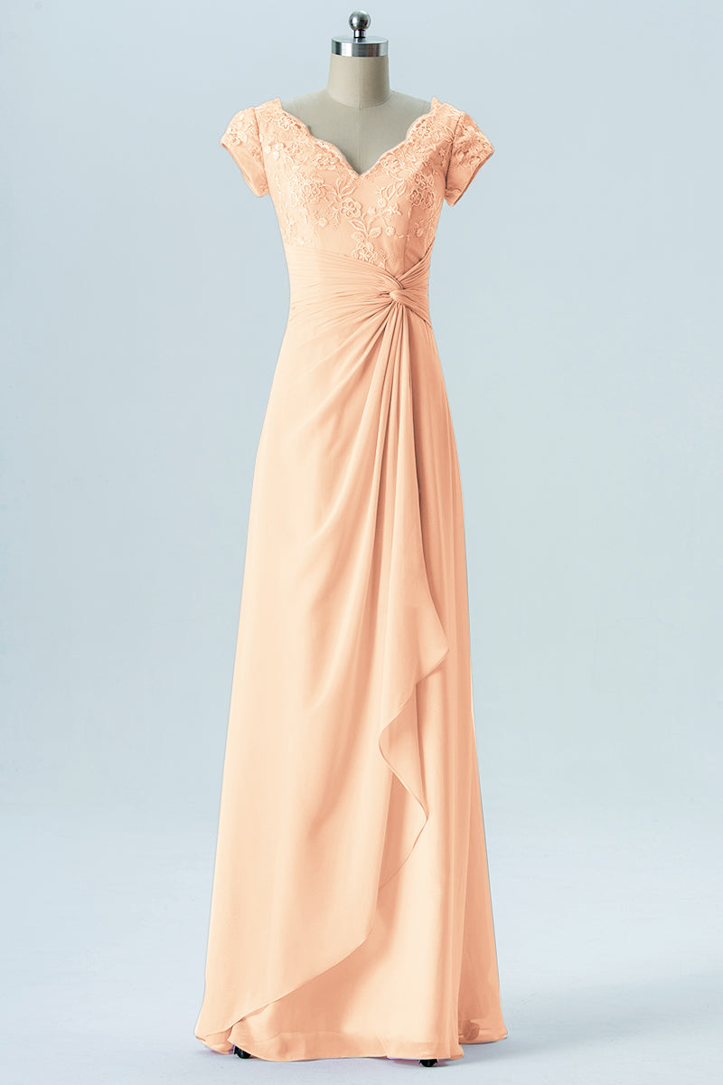 Lace Column Scalloped Edge Short Sleeves Bridesmaid Dress-B13617