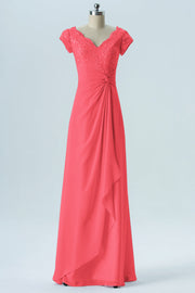 Lace Column Scalloped Edge Short Sleeves Bridesmaid Dress-B13617