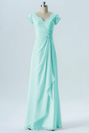 Lace Column Scalloped Edge Short Sleeves Bridesmaid Dress-B13617
