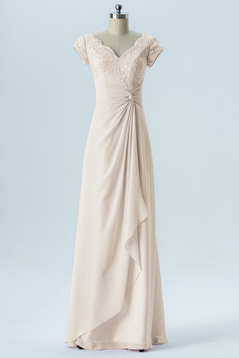 Lace Column Scalloped Edge Short Sleeves Bridesmaid Dress-B13617