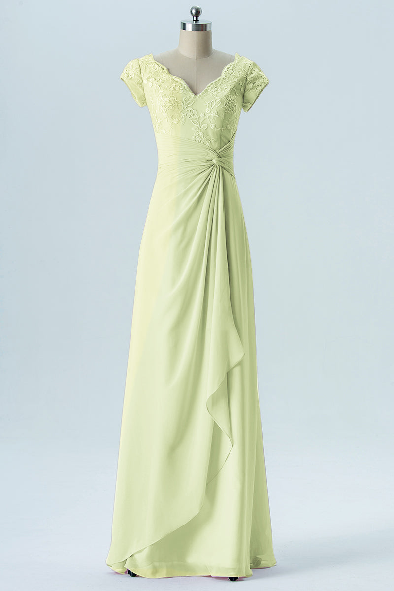 Lace Column Scalloped Edge Short Sleeves Bridesmaid Dress-B13617
