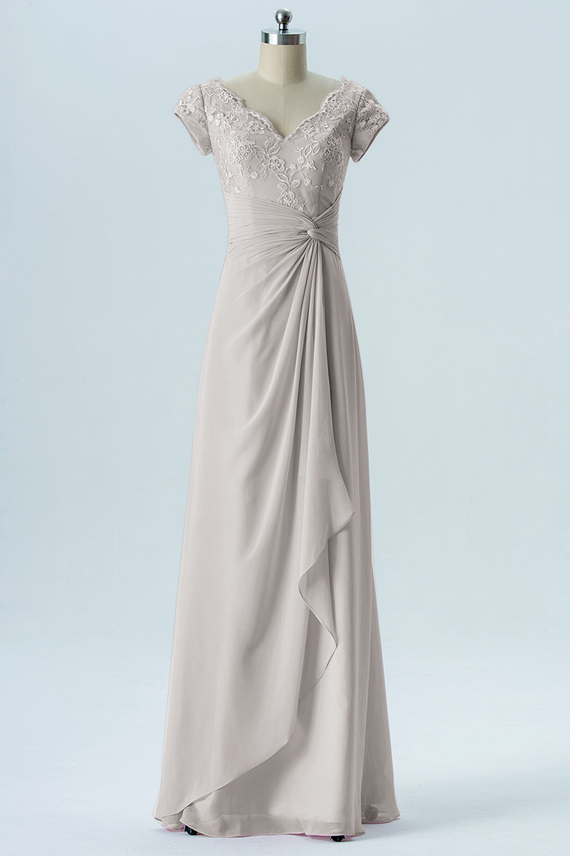 Lace Column Scalloped Edge Short Sleeves Bridesmaid Dress-B13617