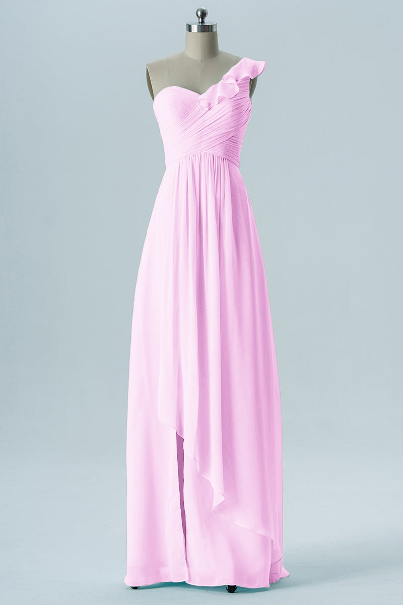 Chiffon Column One Shoulder Short Sleeves Bridesmaid Dress-B13620