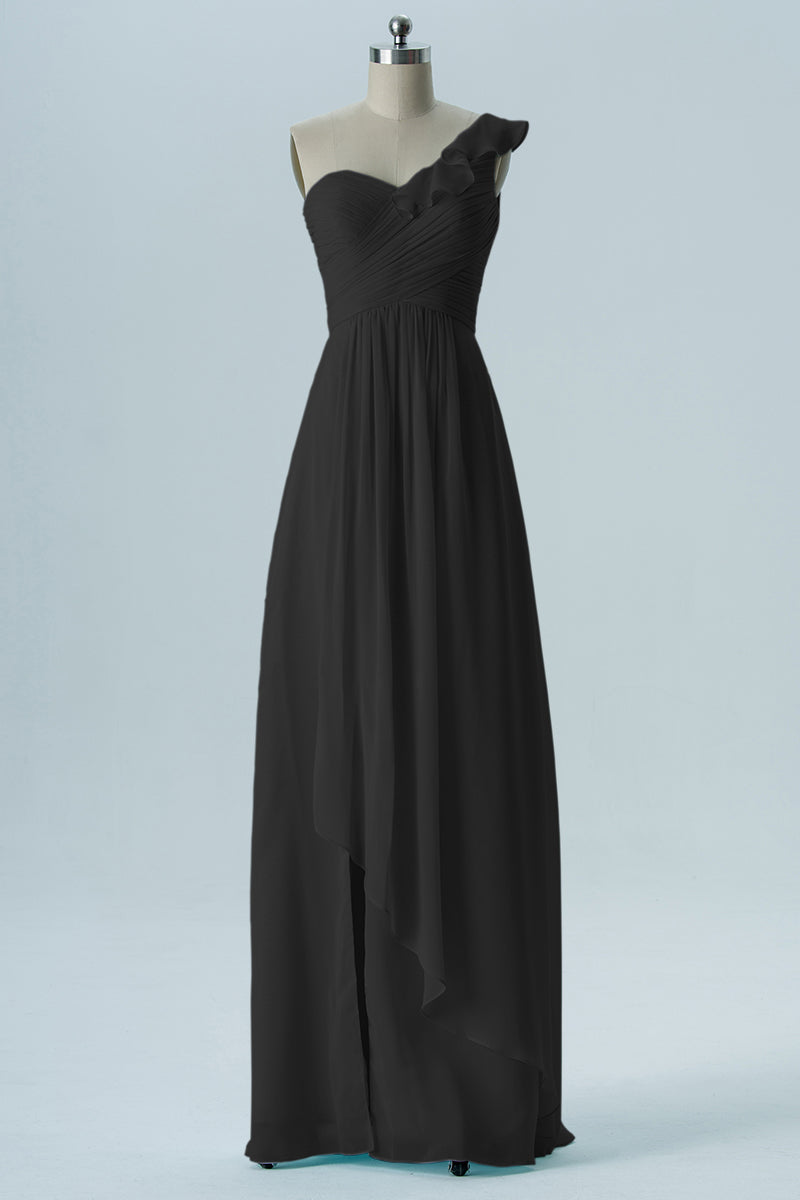 Chiffon Column One Shoulder Short Sleeves Bridesmaid Dress-B13620