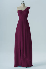 Chiffon Column One Shoulder Short Sleeves Bridesmaid Dress-B13620