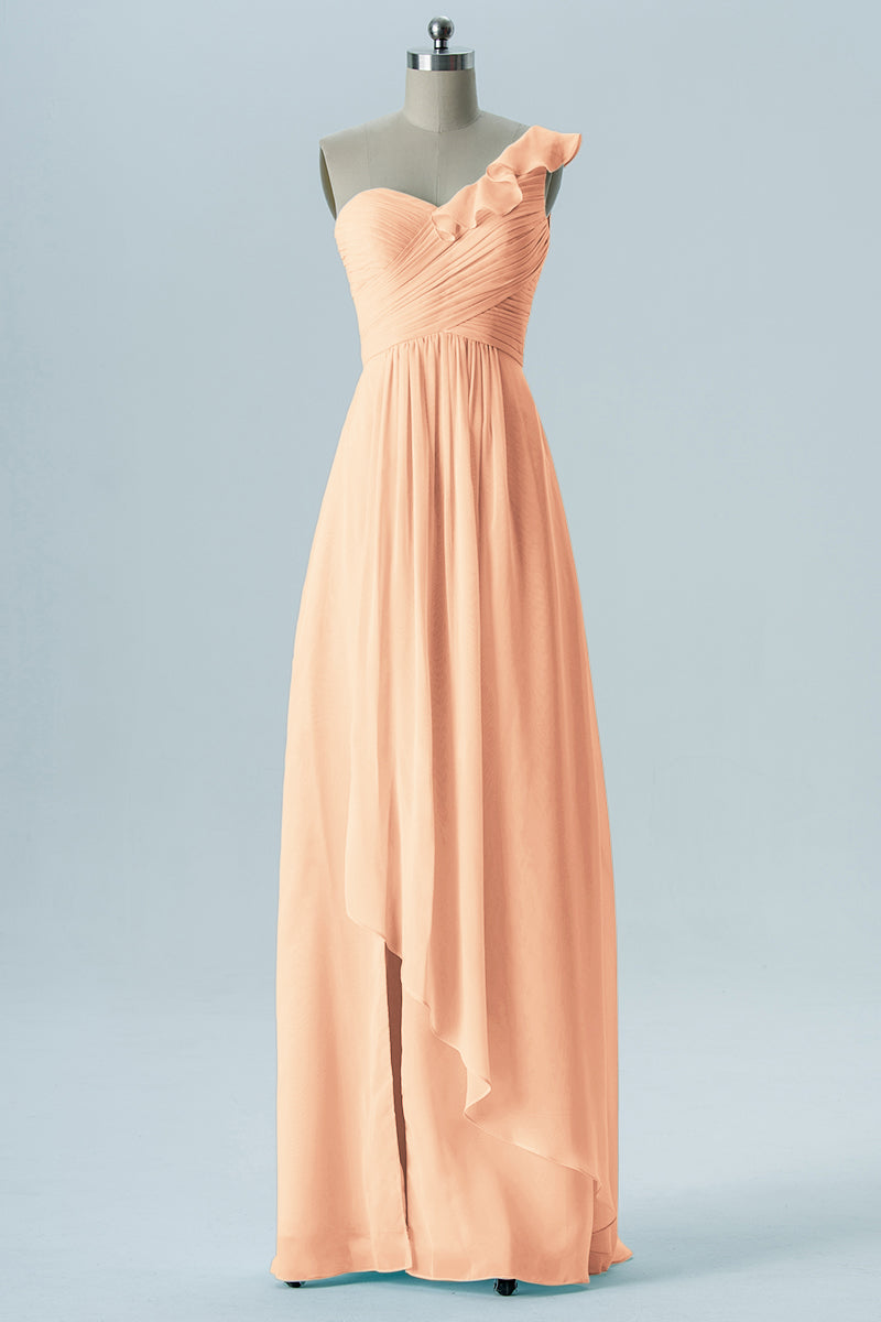 Chiffon Column One Shoulder Short Sleeves Bridesmaid Dress-B13620