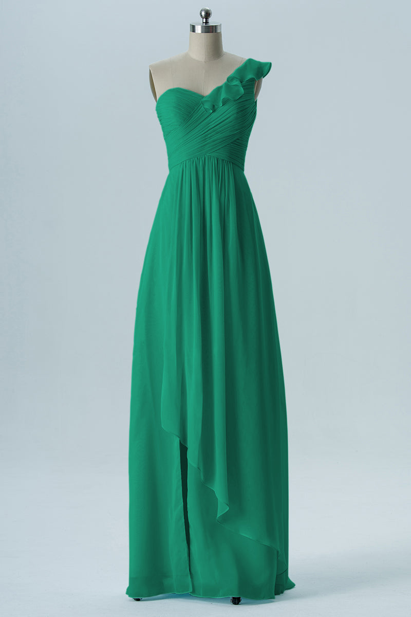 Chiffon Column One Shoulder Short Sleeves Bridesmaid Dress-B13620