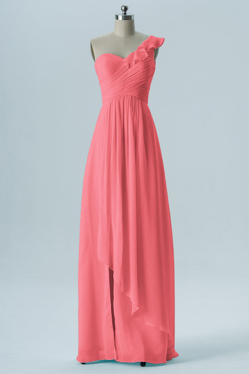Chiffon Column One Shoulder Short Sleeves Bridesmaid Dress-B13620