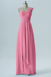 Chiffon Column One Shoulder Short Sleeves Bridesmaid Dress-B13620