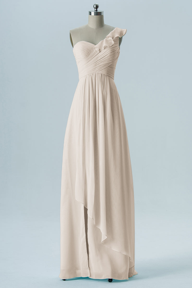 Chiffon Column One Shoulder Short Sleeves Bridesmaid Dress-B13620