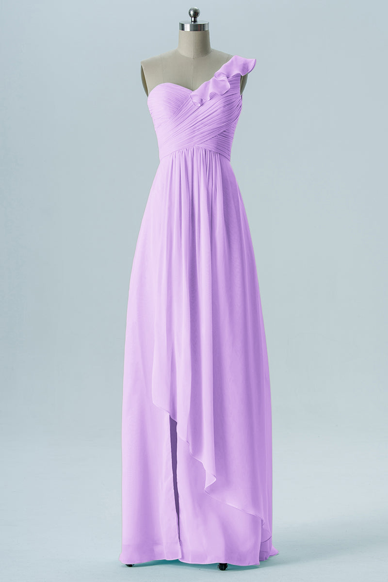 Chiffon Column One Shoulder Short Sleeves Bridesmaid Dress-B13620