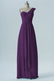 Chiffon Column One Shoulder Short Sleeves Bridesmaid Dress-B13620