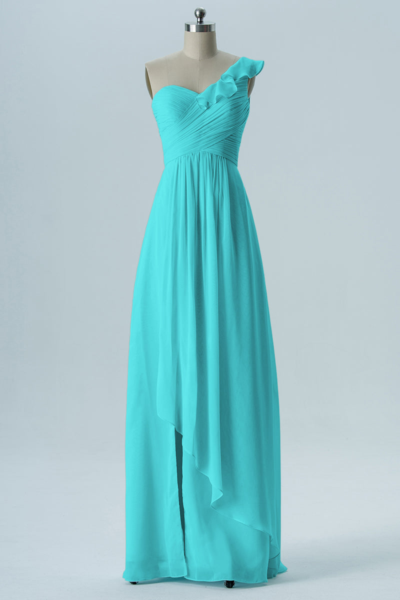 Chiffon Column One Shoulder Short Sleeves Bridesmaid Dress-B13620