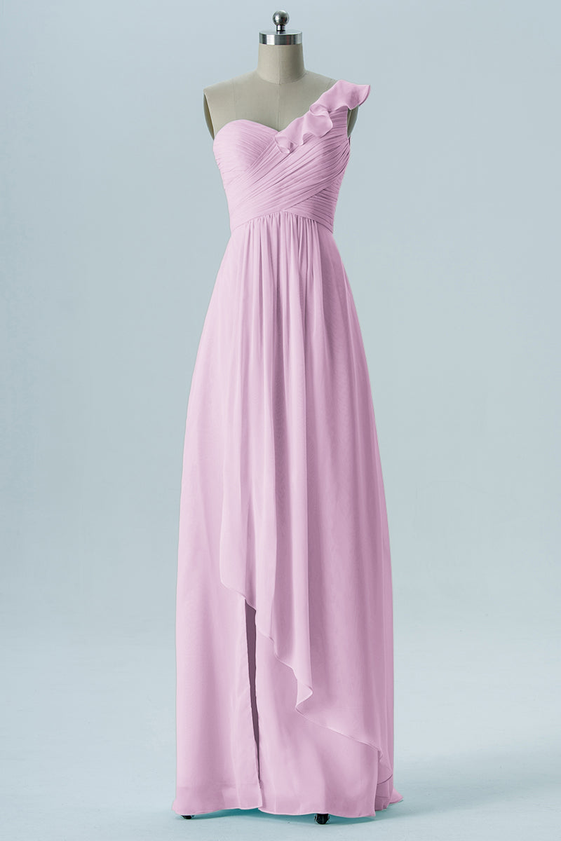 Chiffon Column One Shoulder Short Sleeves Bridesmaid Dress-B13620