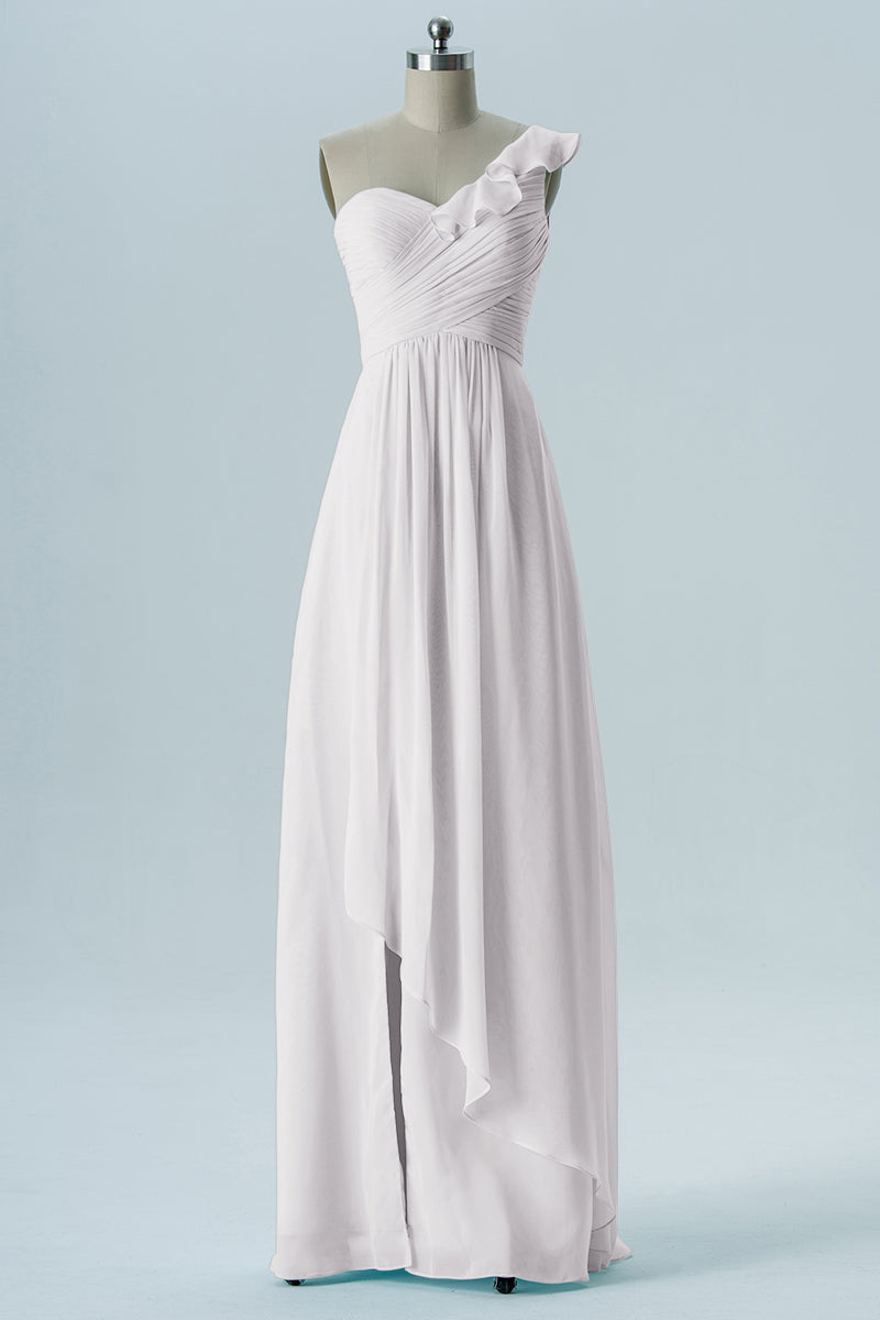 Chiffon Column One Shoulder Short Sleeves Bridesmaid Dress-B13620